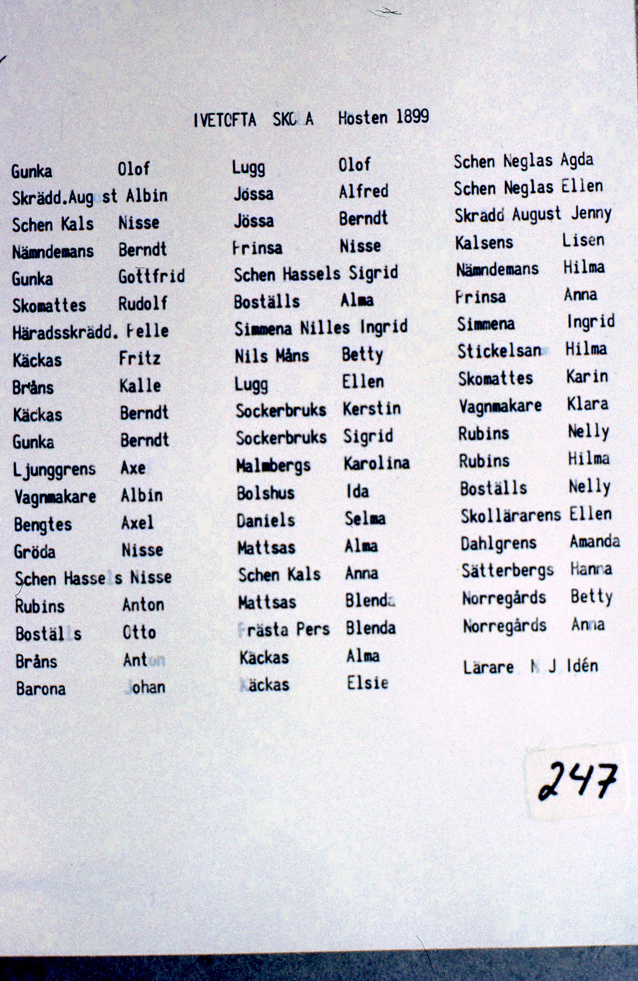 Bromölla Ivetofta Skola Namnlista 1899